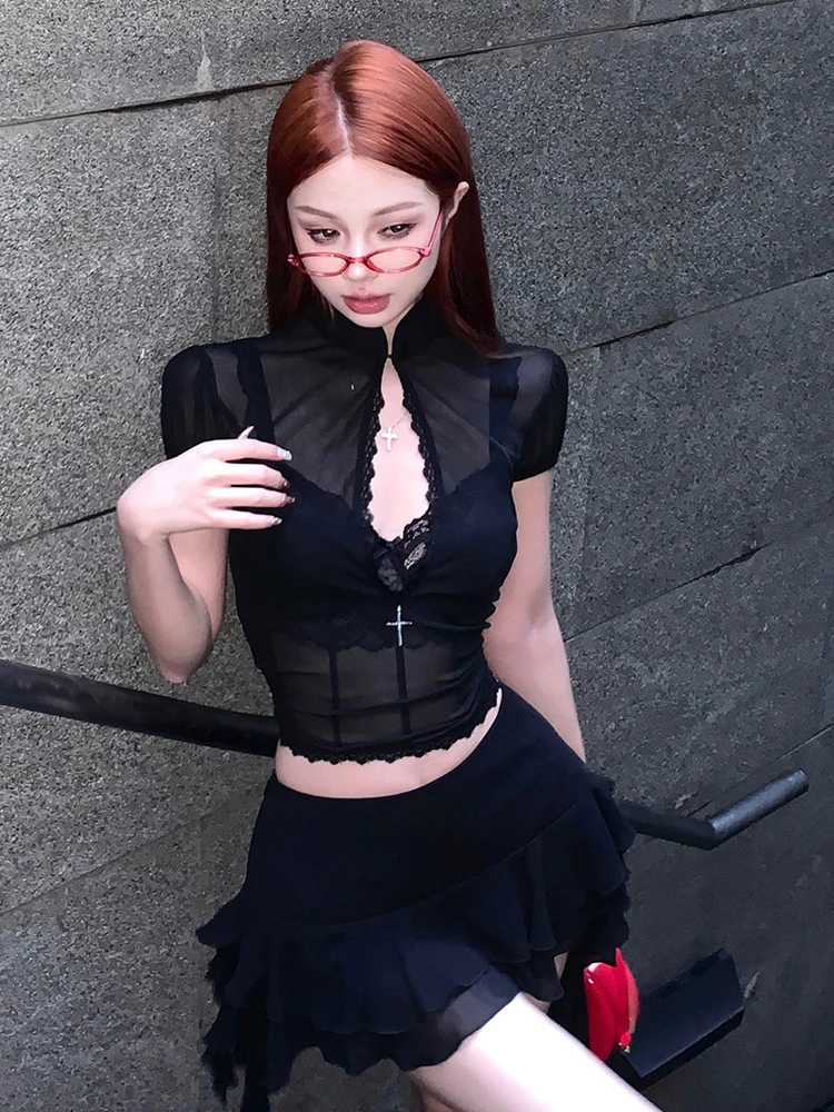 Hollow Out Lace Mesh Shirt Irregular Mini Shirts Vintage Skirt Sets - Image 5