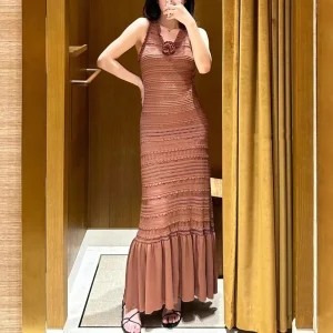 Hollow Out Ruffle V Neck Office Lady Edge Vest Crochet Knit Dress