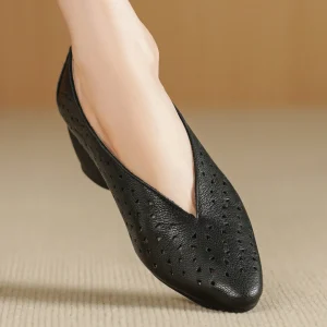 Hollow-Out Sheepskin Pointed Toe Slip-on Breathable Thick Med Heel Pumps