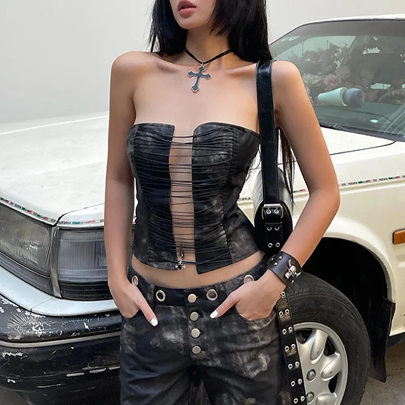 Hollow Out Strapless Streetwear Retro Tube Crop Tops