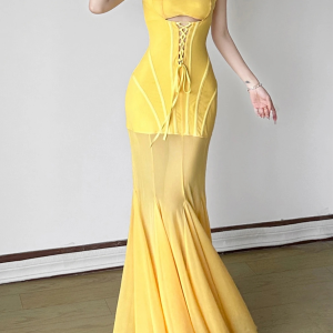 Hollow Out Trumpet Beach Style Slim Slash Neck Sleeveless Maxi Dresses