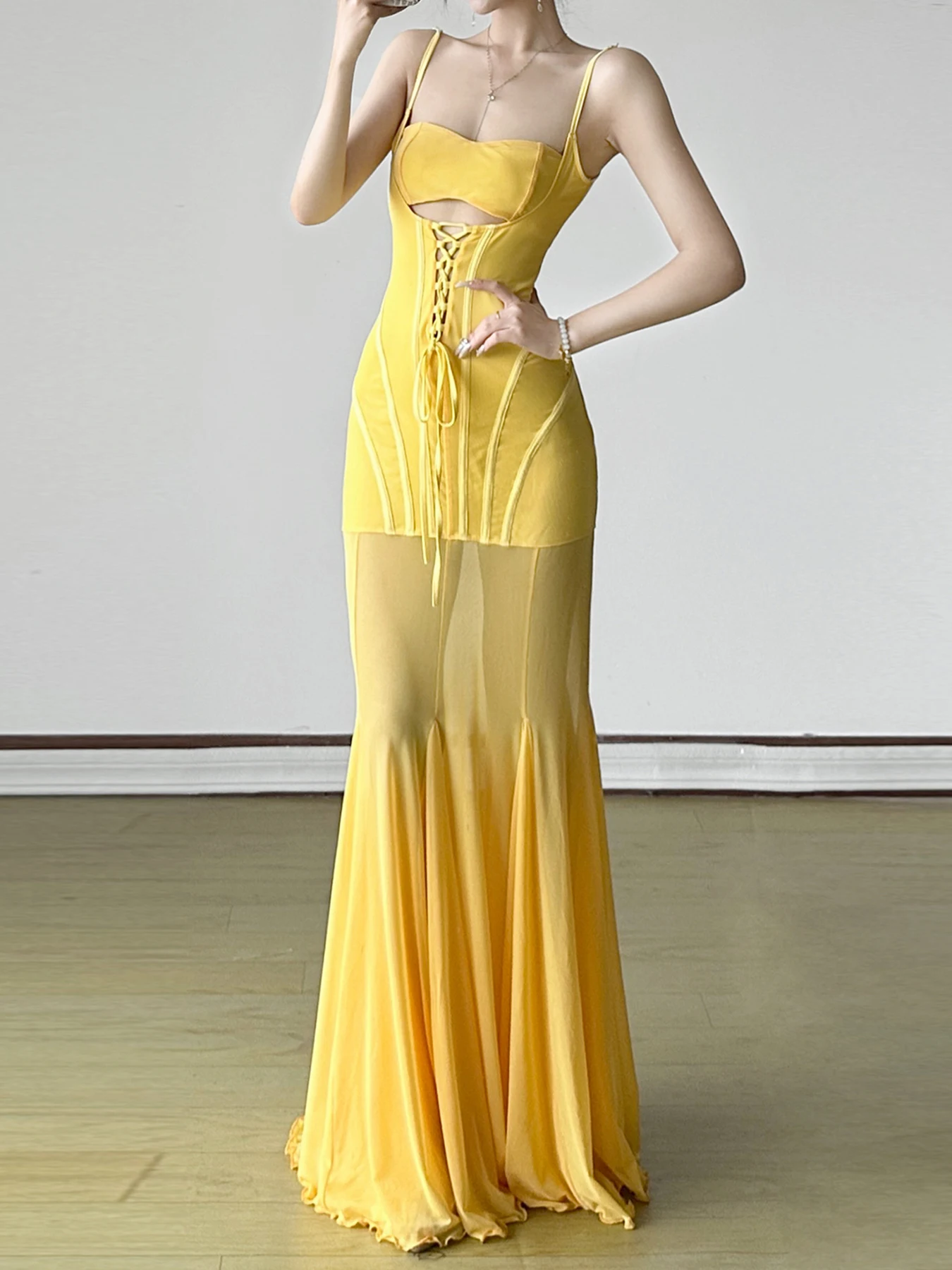 Hollow Out Trumpet Beach Style Slim Slash Neck Sleeveless Maxi Dresses - Image 2