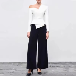 Irregular Off Shoulder Slim Fit Top High Waist Wide Leg Pants Sets