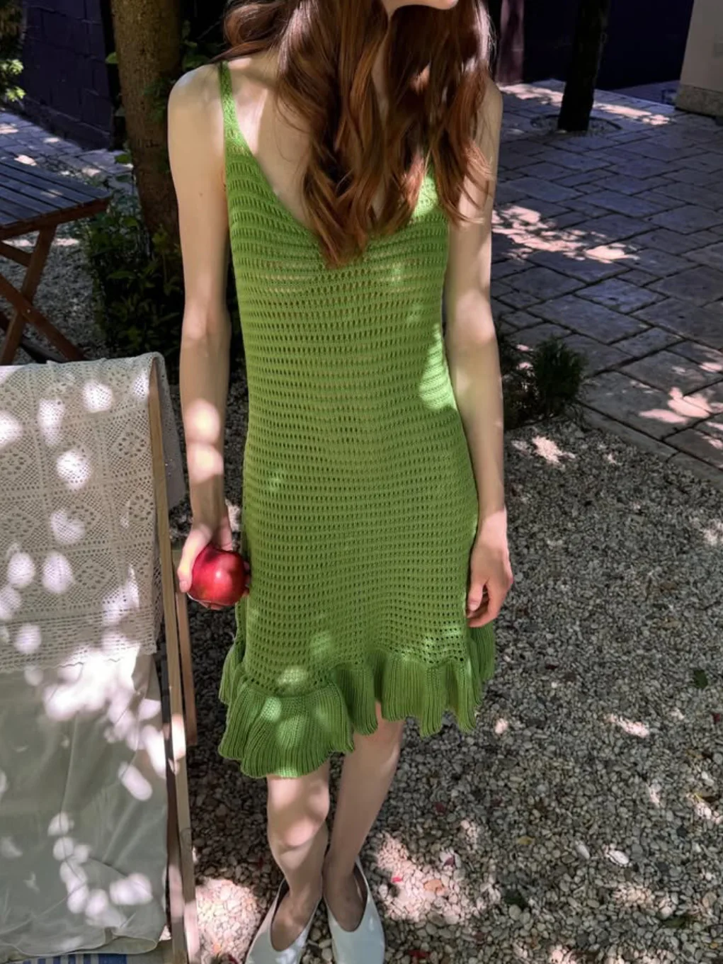 Knitted Ruffle Hollow Out Beach Style Holiday Sleeveless Halter Mini Dress - Image 6