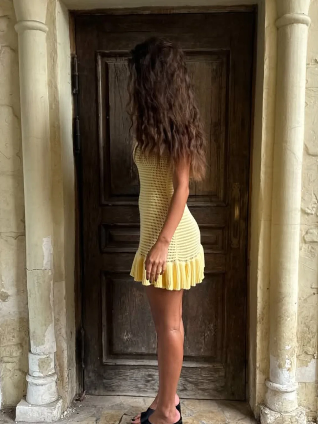 Knitted Ruffle Hollow Out Beach Style Holiday Sleeveless Halter Mini Dress - Image 9