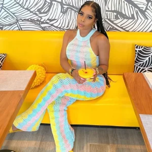 Knitted Striped Beach Vacation Sleeveless Crop Top and Flare Pants Matching Sets