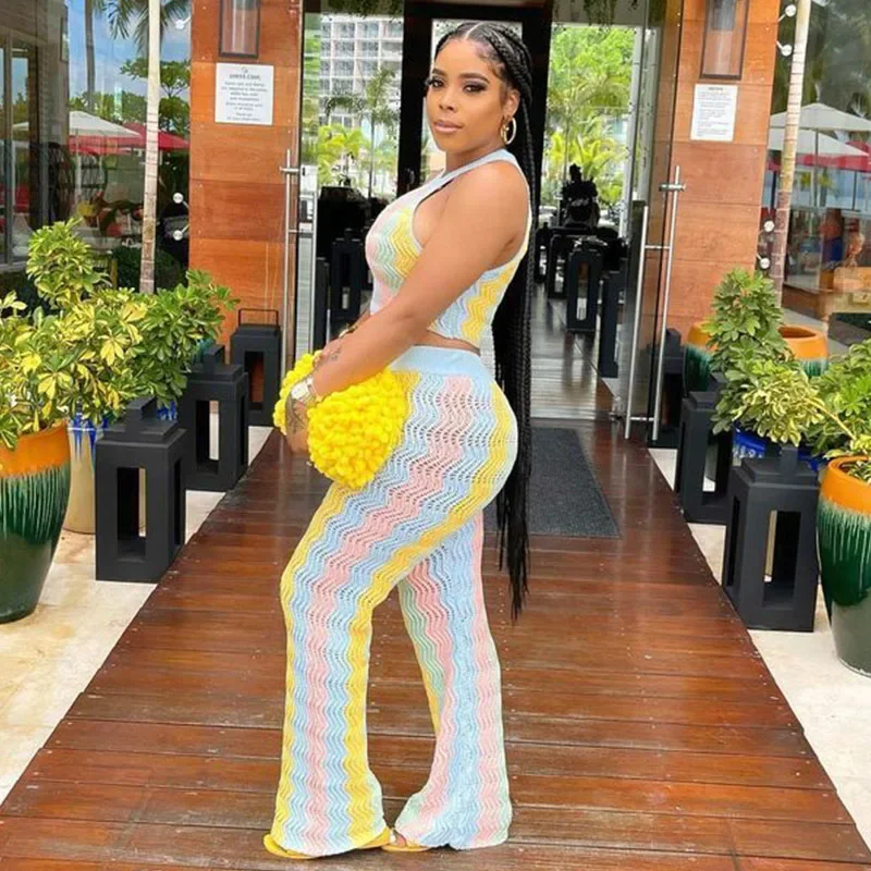 Knitted Striped Beach Vacation Sleeveless Crop Top and Flare Pants Matching Sets - Image 2