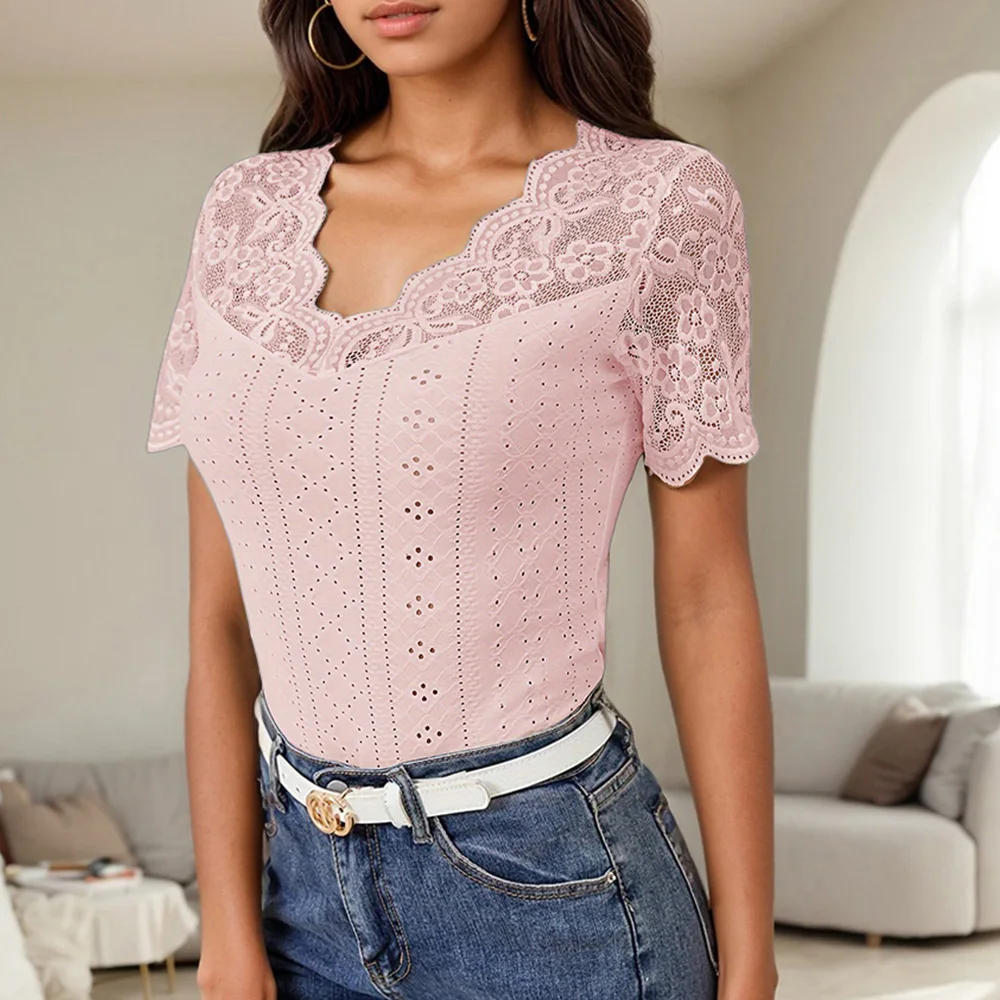 Lace Colorblock V-Neck Short Sleeve Casual Pullover T Shirts Tops