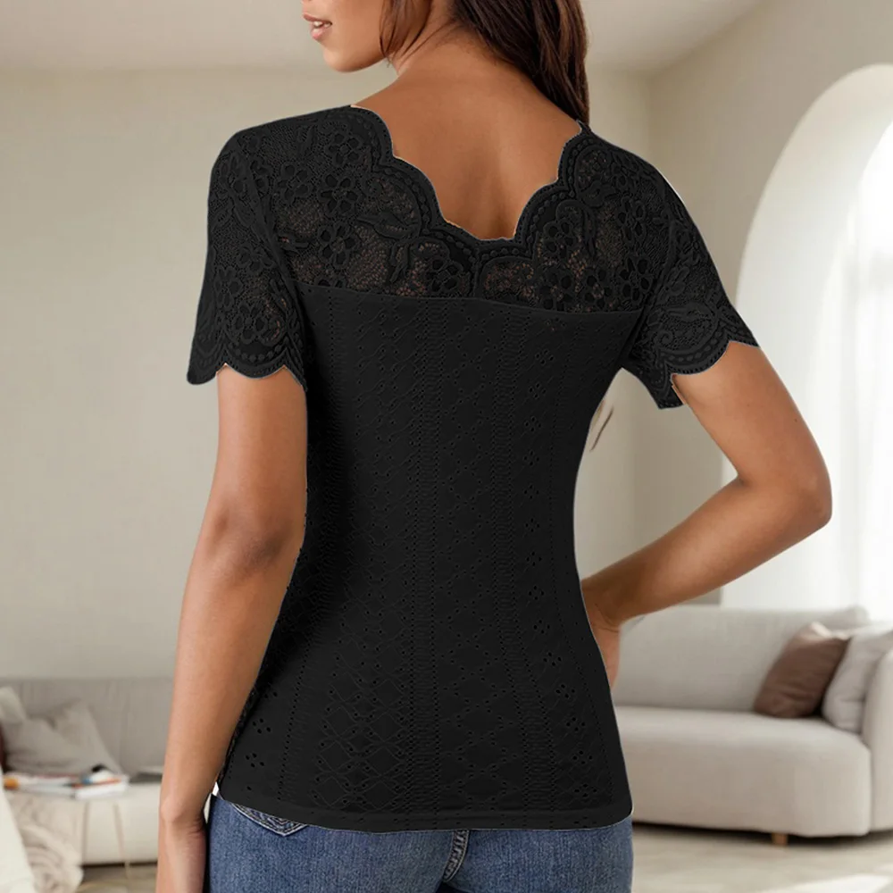 Lace Colorblock V-Neck Short Sleeve Casual Pullover T Shirts Tops - Image 16