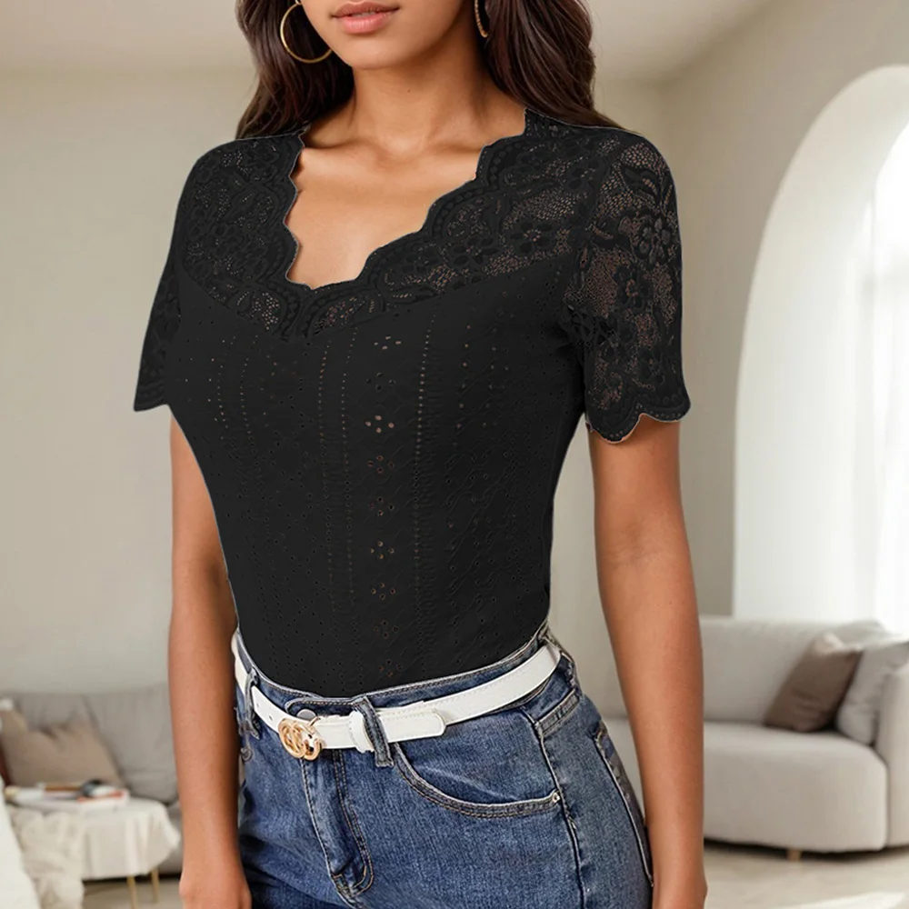 Lace Colorblock V-Neck Short Sleeve Casual Pullover T Shirts Tops - Image 15