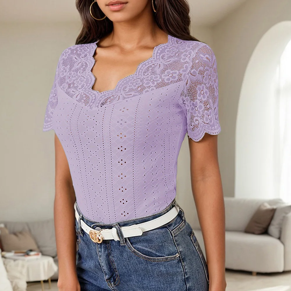 Lace Colorblock V-Neck Short Sleeve Casual Pullover T Shirts Tops - Image 17