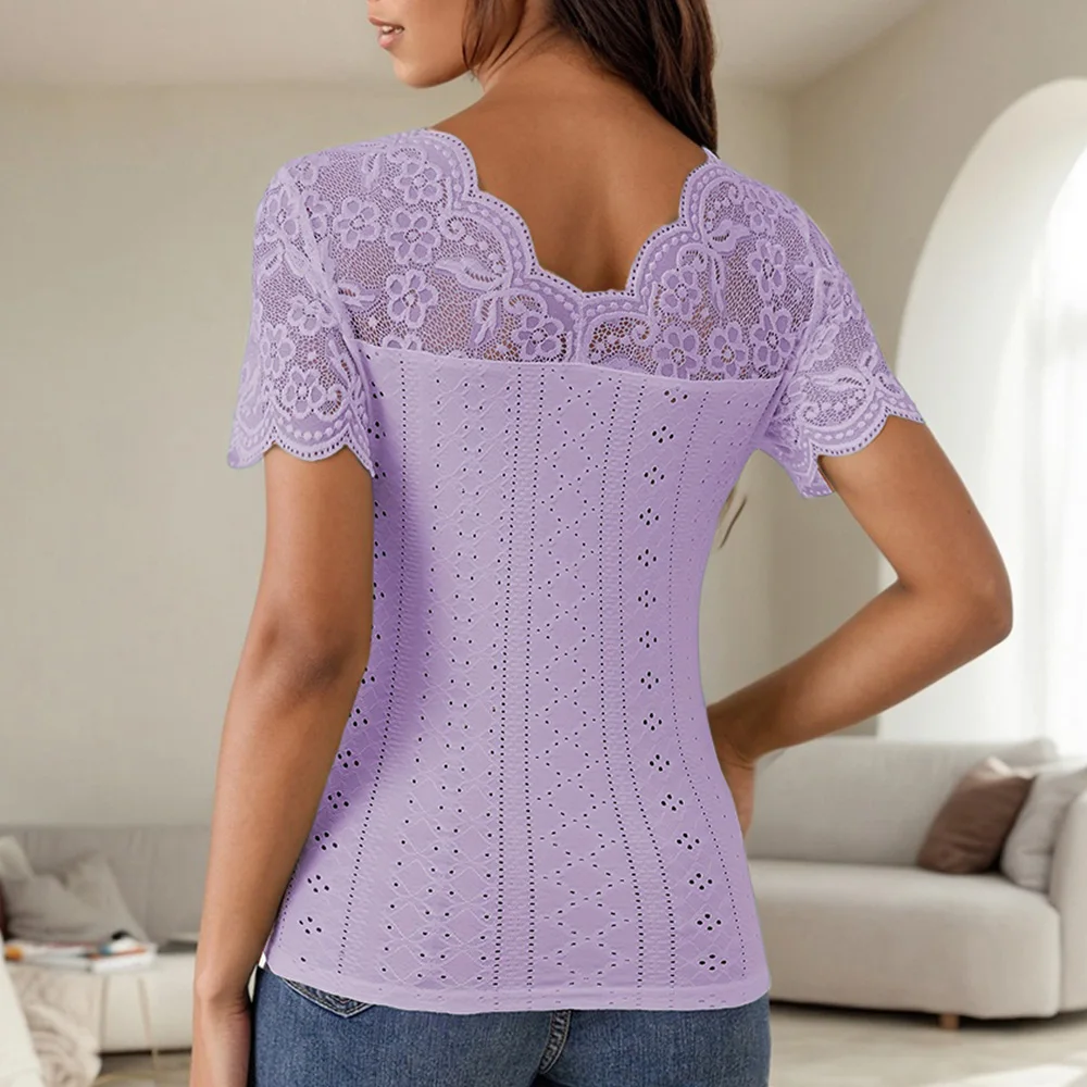 Lace Colorblock V-Neck Short Sleeve Casual Pullover T Shirts Tops - Image 20