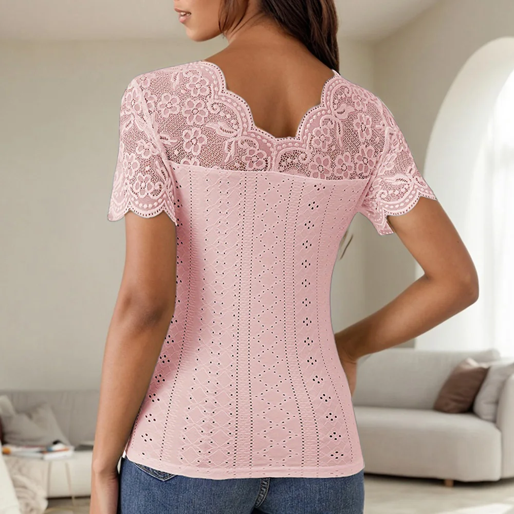 Lace Colorblock V-Neck Short Sleeve Casual Pullover T Shirts Tops - Image 4