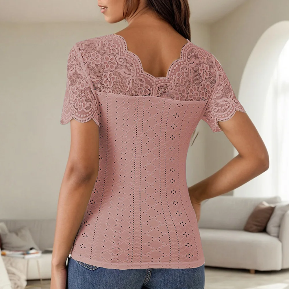 Lace Colorblock V-Neck Short Sleeve Casual Pullover T Shirts Tops - Image 24