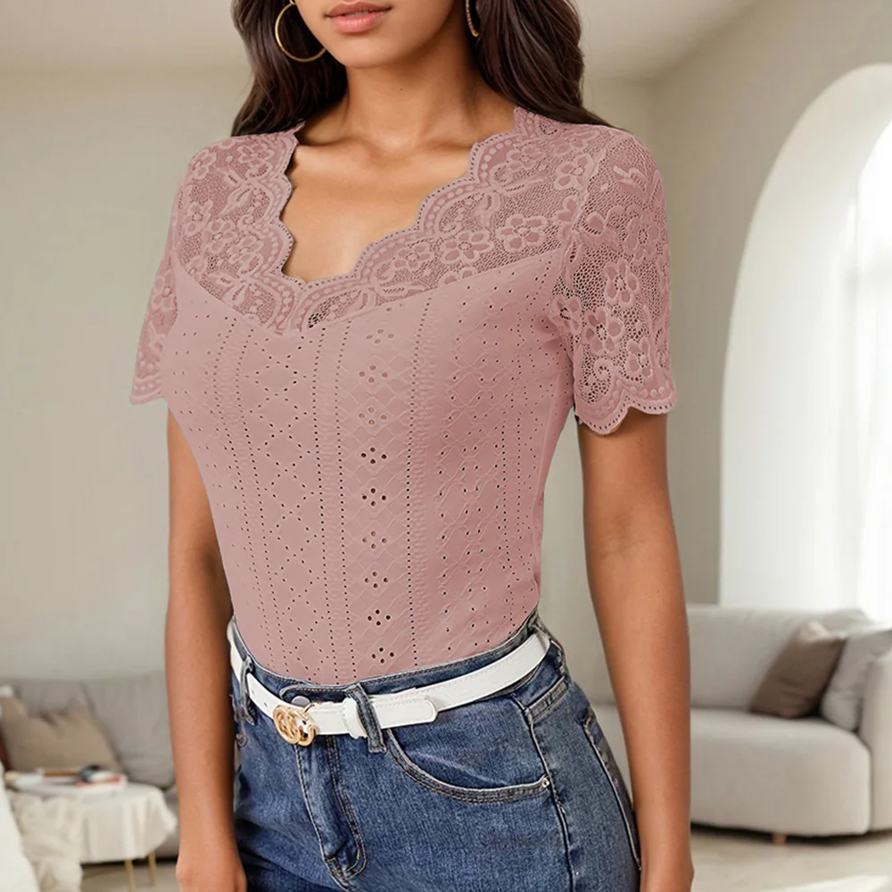 Lace Colorblock V-Neck Short Sleeve Casual Pullover T Shirts Tops - Image 23