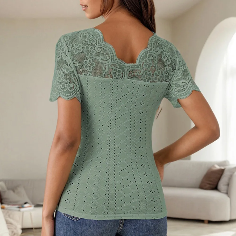 Lace Colorblock V-Neck Short Sleeve Casual Pullover T Shirts Tops - Image 8