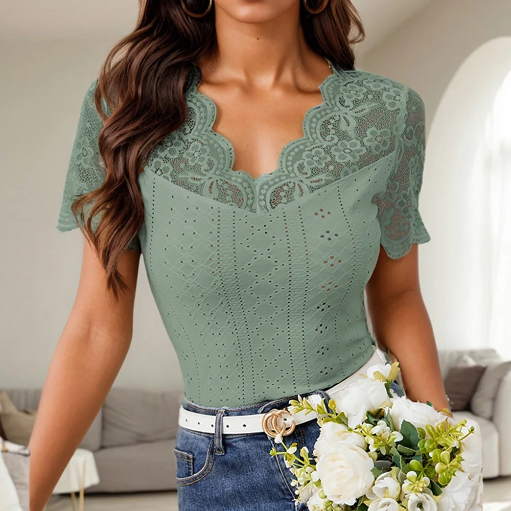 Lace Colorblock V-Neck Short Sleeve Casual Pullover T Shirts Tops - Image 6