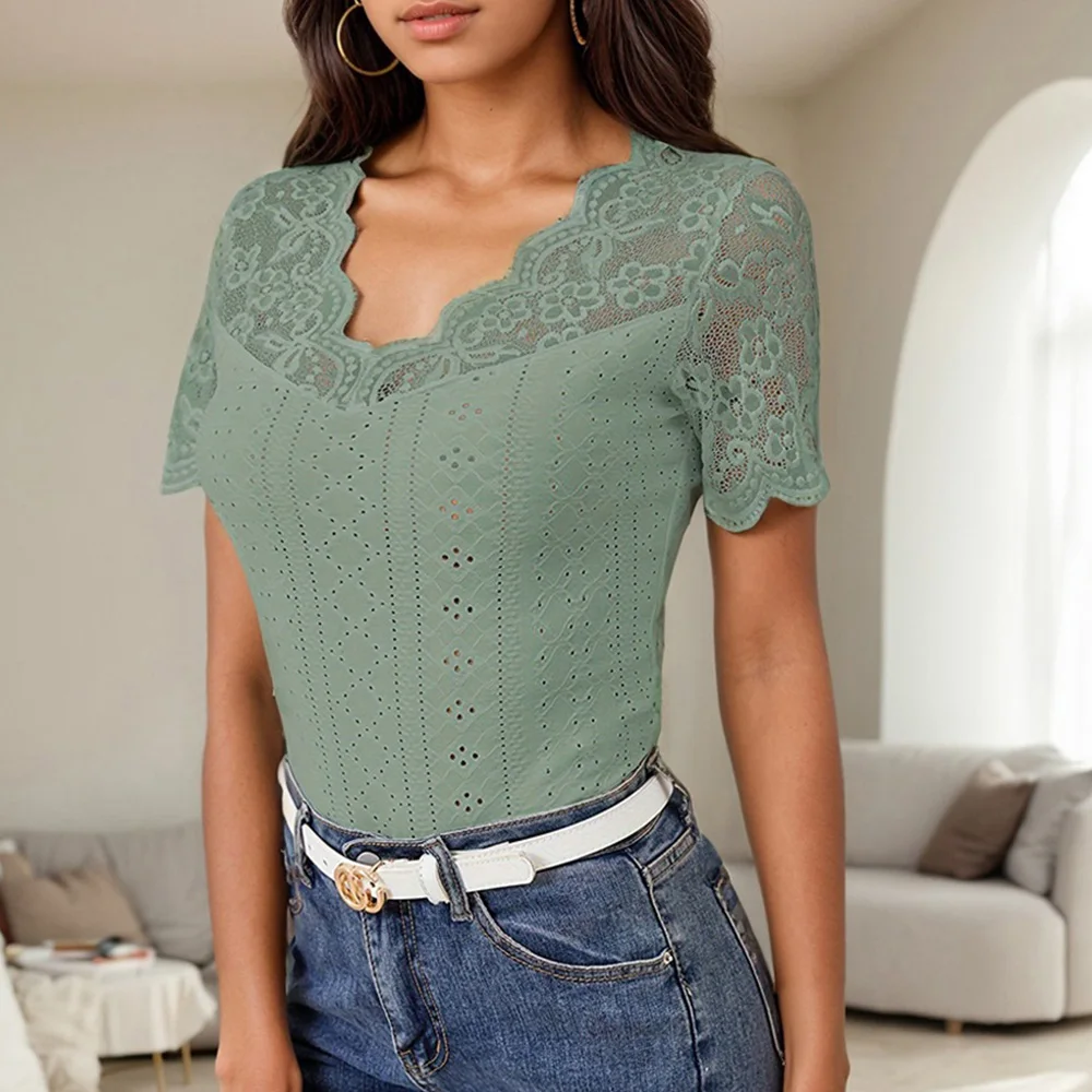 Lace Colorblock V-Neck Short Sleeve Casual Pullover T Shirts Tops - Image 7