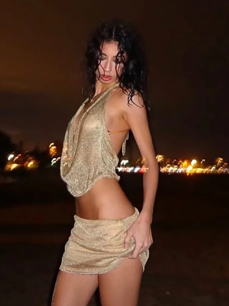 Lace-Up Halter Low-Neck Mesh Patchwork Crop Tops And Skirts Bright Silk 2 Piece Set - Image 7