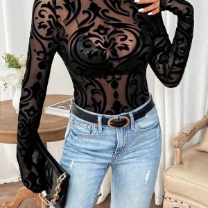 Long Sleeve Bodysuit Round Neck Lace Knit Tangled Slim Elegant Jumpsuit