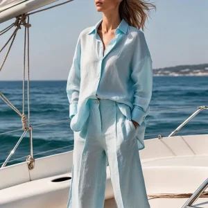 Casual Long Sleeve Turn-Down Collar Button Short Pants Solid Lady Sets