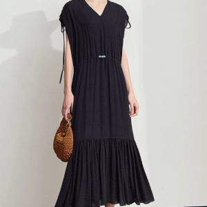 Ruffled Sleeveless V-Neck Hem Drawstring Raglan Sleeve Dress