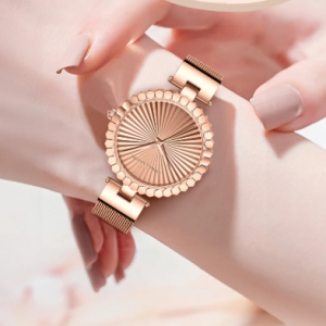 Luxury Alloy Round Stainless Steel Mesh Strap Quartz Movement Watch