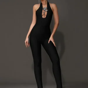Luxury Backless Halter Flower Diamonds Bodycon Bandage Jumpsuit