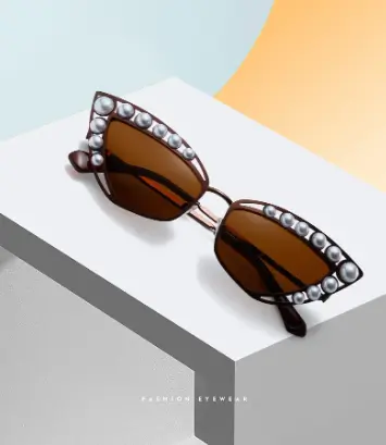 Luxury Brand Designer Hollow Metal Punk Shades UV Pearl Triangle Cat Eye Sunglasses - Image 3
