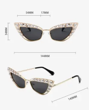 Luxury Brand Designer Hollow Metal Punk Shades UV Pearl Triangle Cat Eye Sunglasses