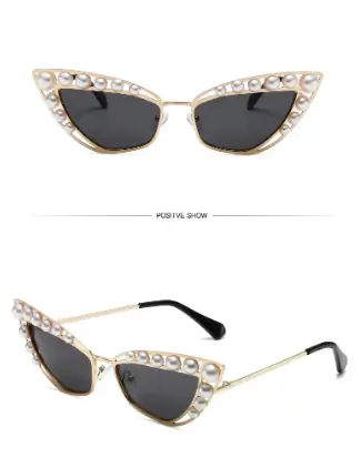 Luxury Brand Designer Hollow Metal Punk Shades UV Pearl Triangle Cat Eye Sunglasses - Image 2
