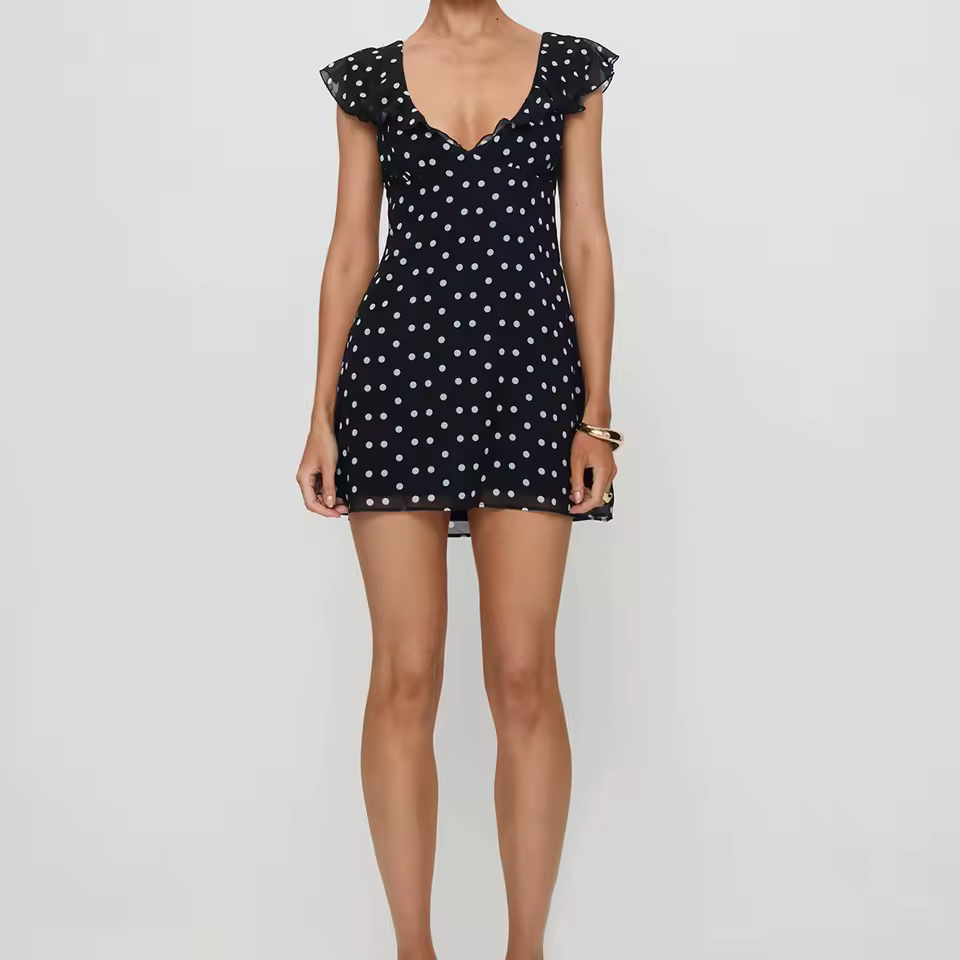 Luxury Casual Dot Print Lace Slim V Neck Flying Sleeve A-line Daily Party Club Mini Dress