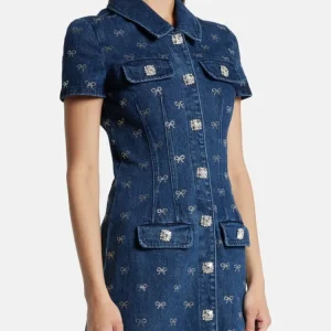 Luxury Denim Short Sleeved Turn-down Collar Mini diamond Dress