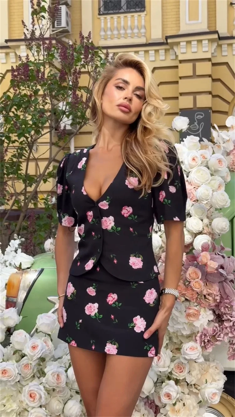 Luxury Elegant Printed V-Neck Cardigan Top High Waisted Skirt Set - Image 2