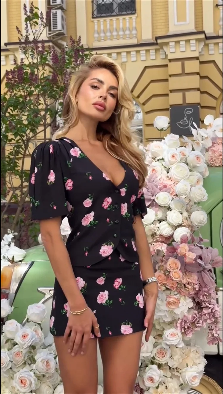 Luxury Elegant Printed V-Neck Cardigan Top High Waisted Skirt Set - Image 3