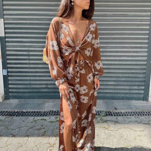 Luxury Fashion Loose Print Long Sleeve Shirt With High Waist Maxi 2 Pieces Set