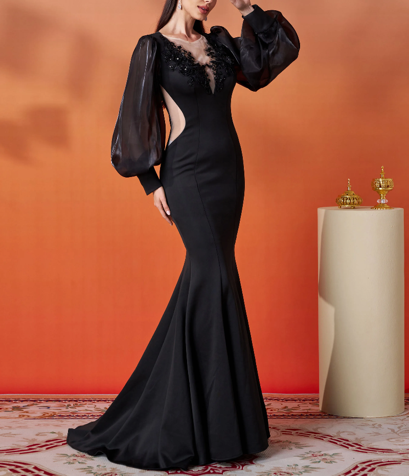 Luxury High Quality Round Neck Lantern Sleeves Mermaid Evening Gown Maxi Dresses - Image 2