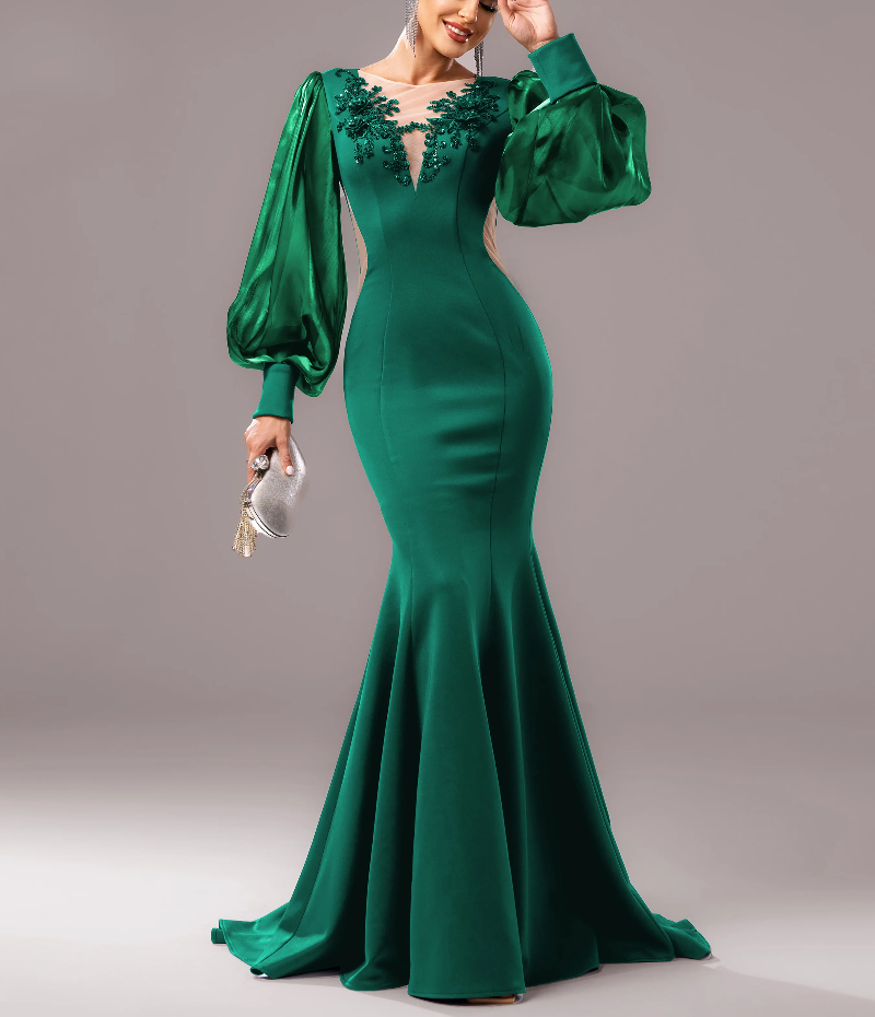 Luxury High Quality Round Neck Lantern Sleeves Mermaid Evening Gown Maxi Dresses - Image 5