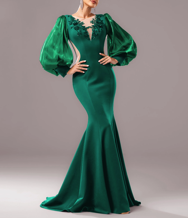 Luxury High Quality Round Neck Lantern Sleeves Mermaid Evening Gown Maxi Dresses - Image 7