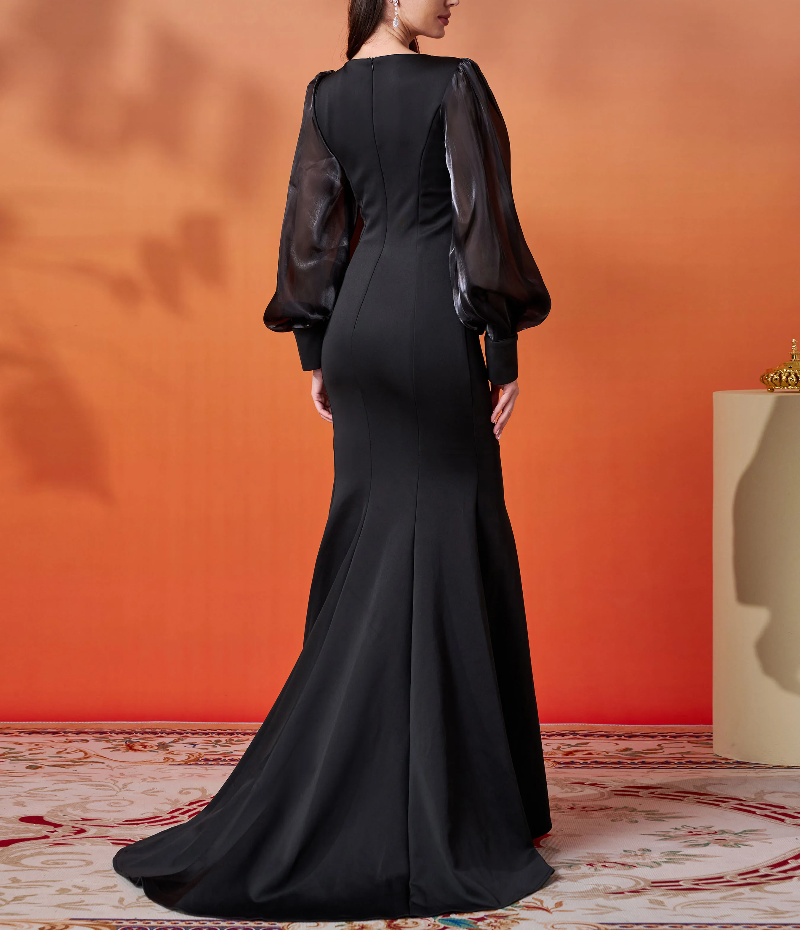 Luxury High Quality Round Neck Lantern Sleeves Mermaid Evening Gown Maxi Dresses - Image 4