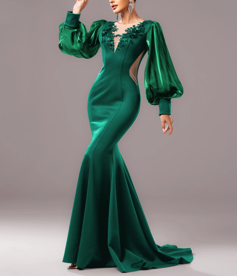 Luxury High Quality Round Neck Lantern Sleeves Mermaid Evening Gown Maxi Dresses - Image 8