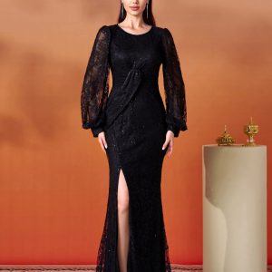 Luxury High Quality Round Neck Black Split Gown Formal Occasion Dresses