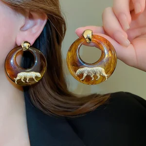 Luxury Maillard Smudged Tiger Animal Resin Light  Geometric Push-back Stud Earrings
