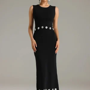 Luxury O-neck Elegant Sleeveless Flower Short Top Long Slim Skirt Party Dinner Dress