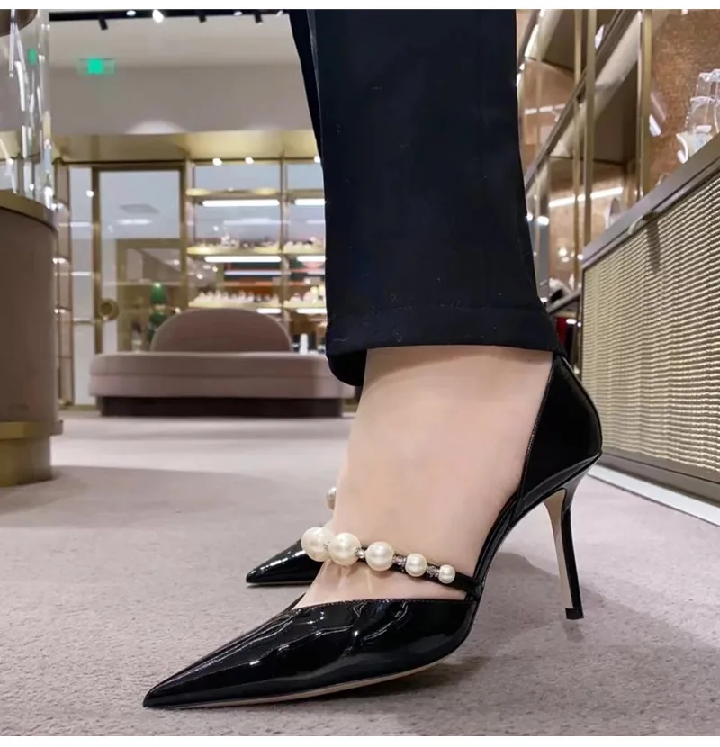 Luxury Pearls Rhinestones Patent Leather Pointed toe Thin High heels - Image 7