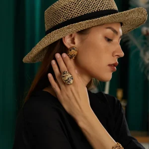 Luxury Plant Copper 18K Gold-Plated Hand-Carved Floral Enamel Pendant Cocktail Ring