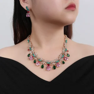 Luxury Plant Pattern Cubic Zircon Geometric Crystal Wedding Earrings Necklace Jewelry Sets