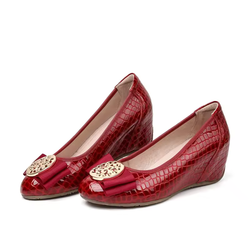 Luxury Rhinestones Bow Comfortable Plaid Round Head Patent Leather Heels Pumps - Image 6