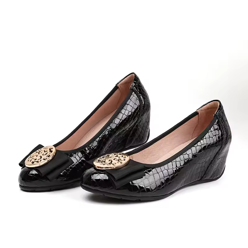Luxury Rhinestones Bow Comfortable Plaid Round Head Patent Leather Heels Pumps - Image 5