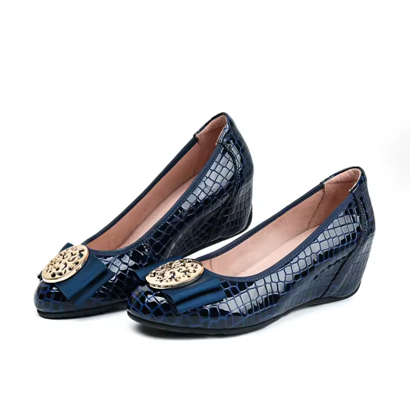 Luxury Rhinestones Bow Comfortable Plaid Round Head Patent Leather Heels Pumps - Image 2